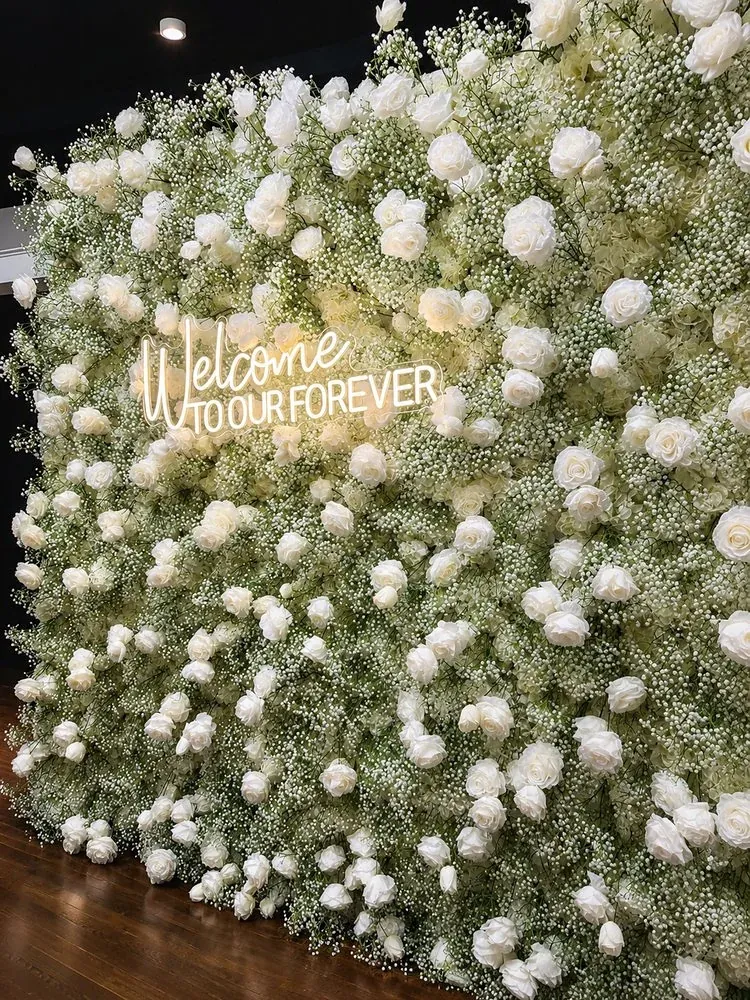 8x8 flower wall with neon sign